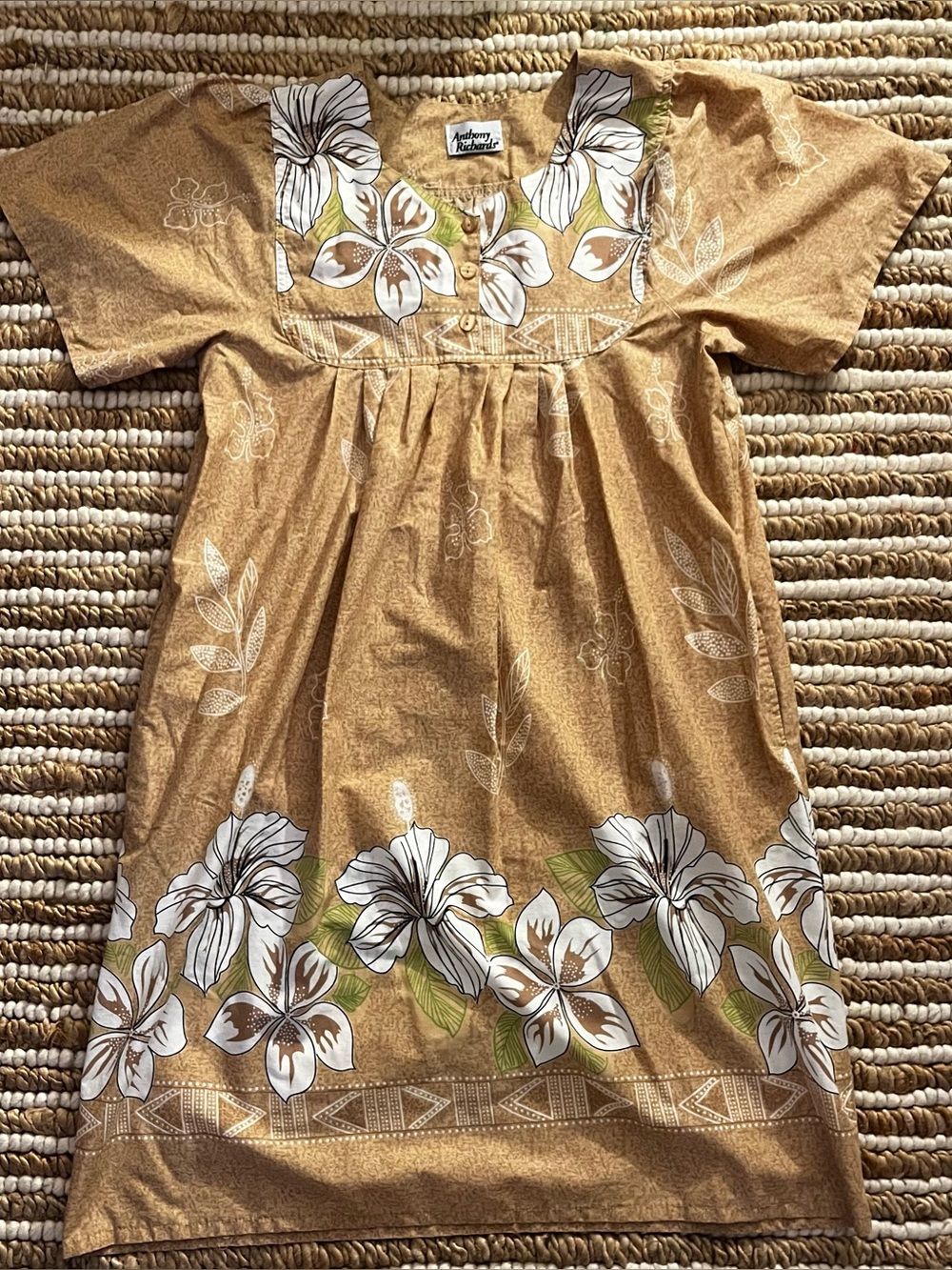Vintage Anthony Richards Tan Floral Cotton Tunic Kaftan Dress